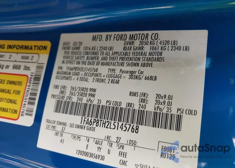 2020 Ford Mustang Ecoboost Premium Fastback из США, поврежденный, VIN 1FA6P8TH2L5145768